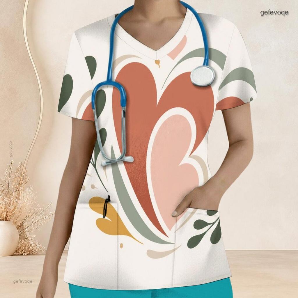 Women Plus Size V Neck Short Sleeve Scrub Top Minimalist Golden Line Intertwined Heart Print Nurse Uniform Top
