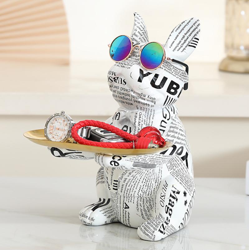 Graffiti Bulldog Desktop Storage Statue, Animal Sculpture, Living Room and Office Decoration, Resin, Modern Home Decoration