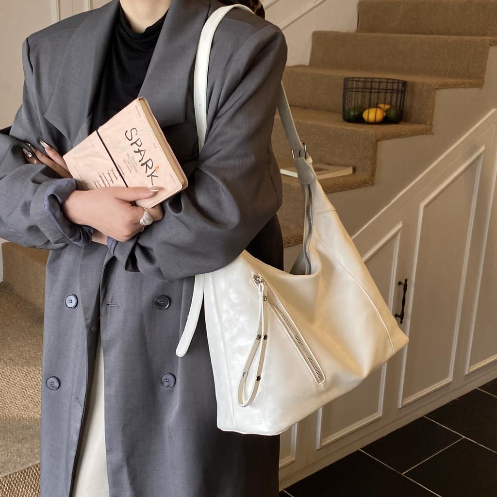 Vintage Simple Large Capacity Women's Shoulder Bag Korean Style Solid Color Casual Tote Bags Trendy PU Zipper Messenger Bags