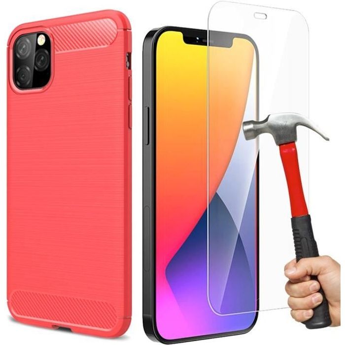 Coque Silicone + Verre Trempé pour iPhone 12, Motif Fibre de Carbone Souple Antichoc - Rouge