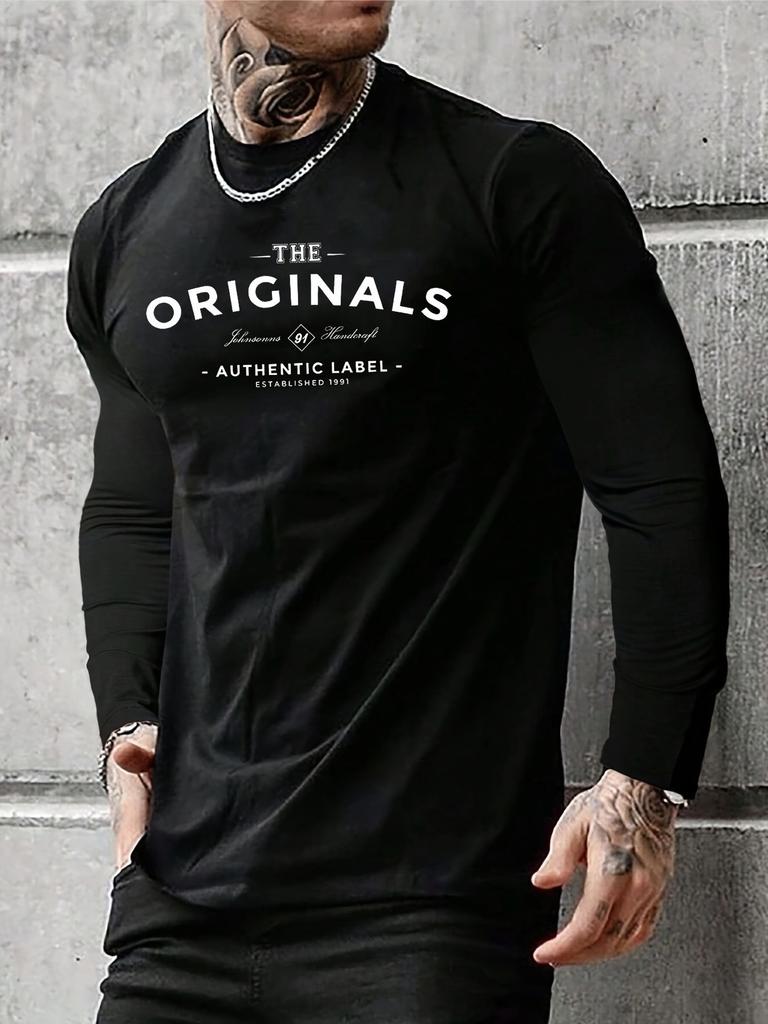 Men's Loose and Comfortable Casual Sports THE ORIGINALS Letter Printed Round Neck Long Sleeved T-shirt Top