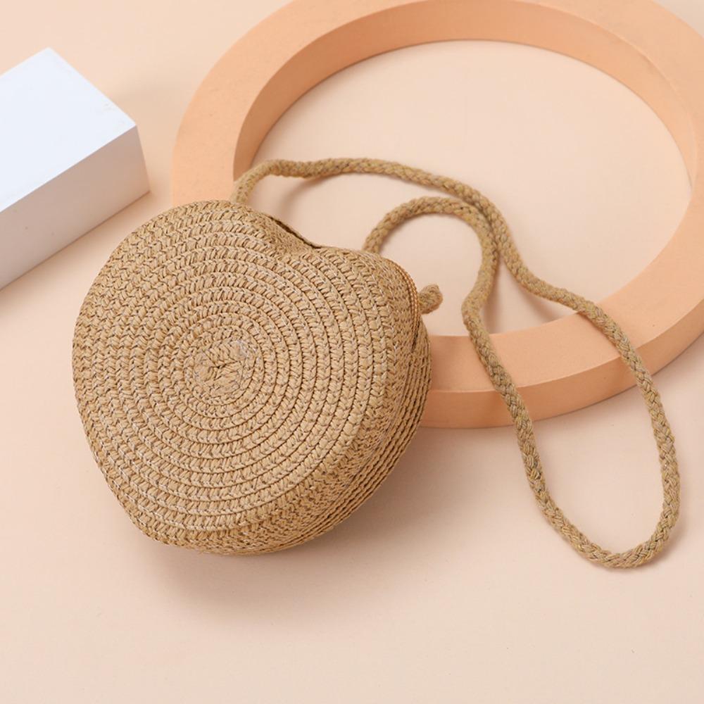 High Quality Woven Straw Shoulder Bags Cute Travel Crossbody Bag Lightweight Heart Shape Beach Bag for Children