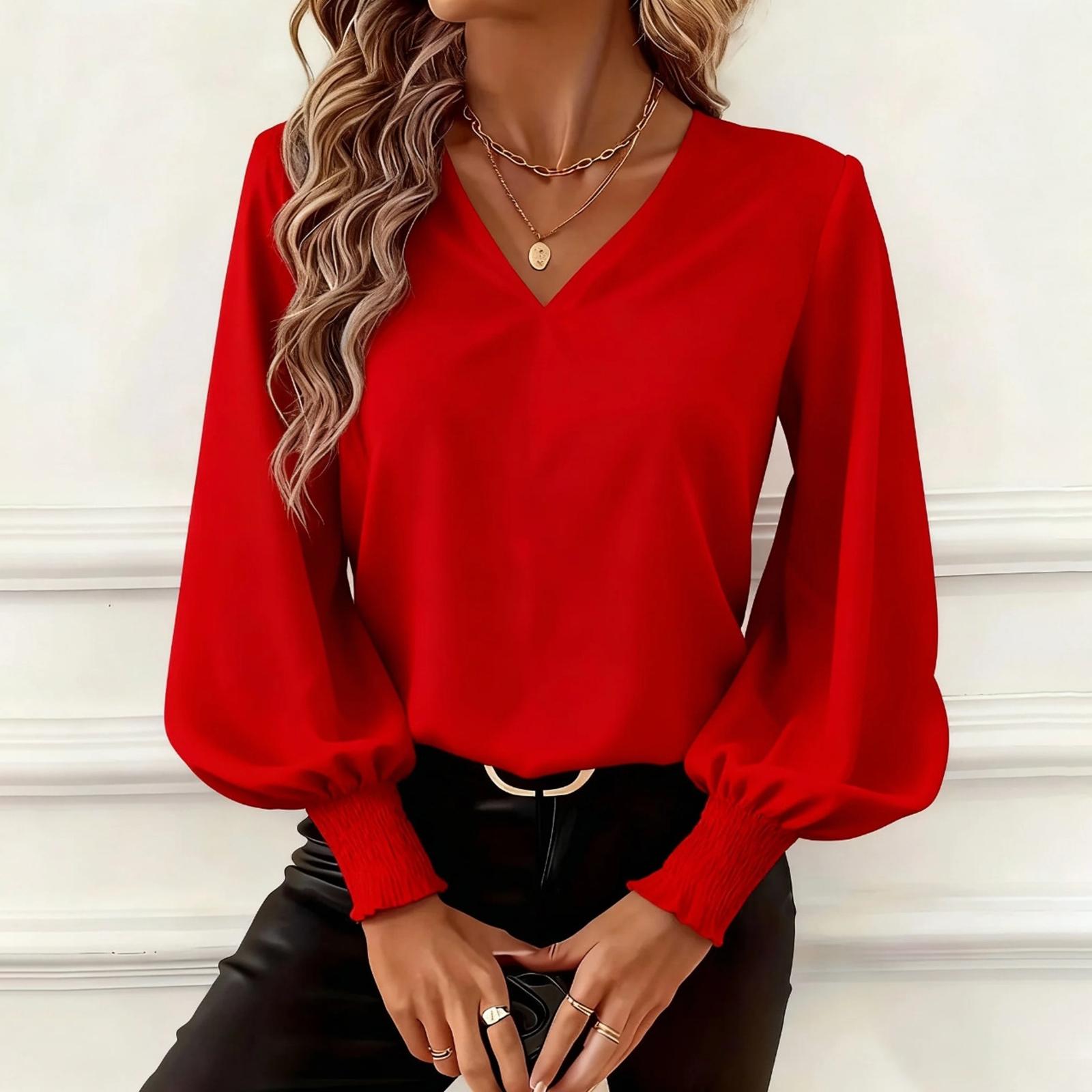 Women s Casual Color V-neck Long-sleeved Top S красный