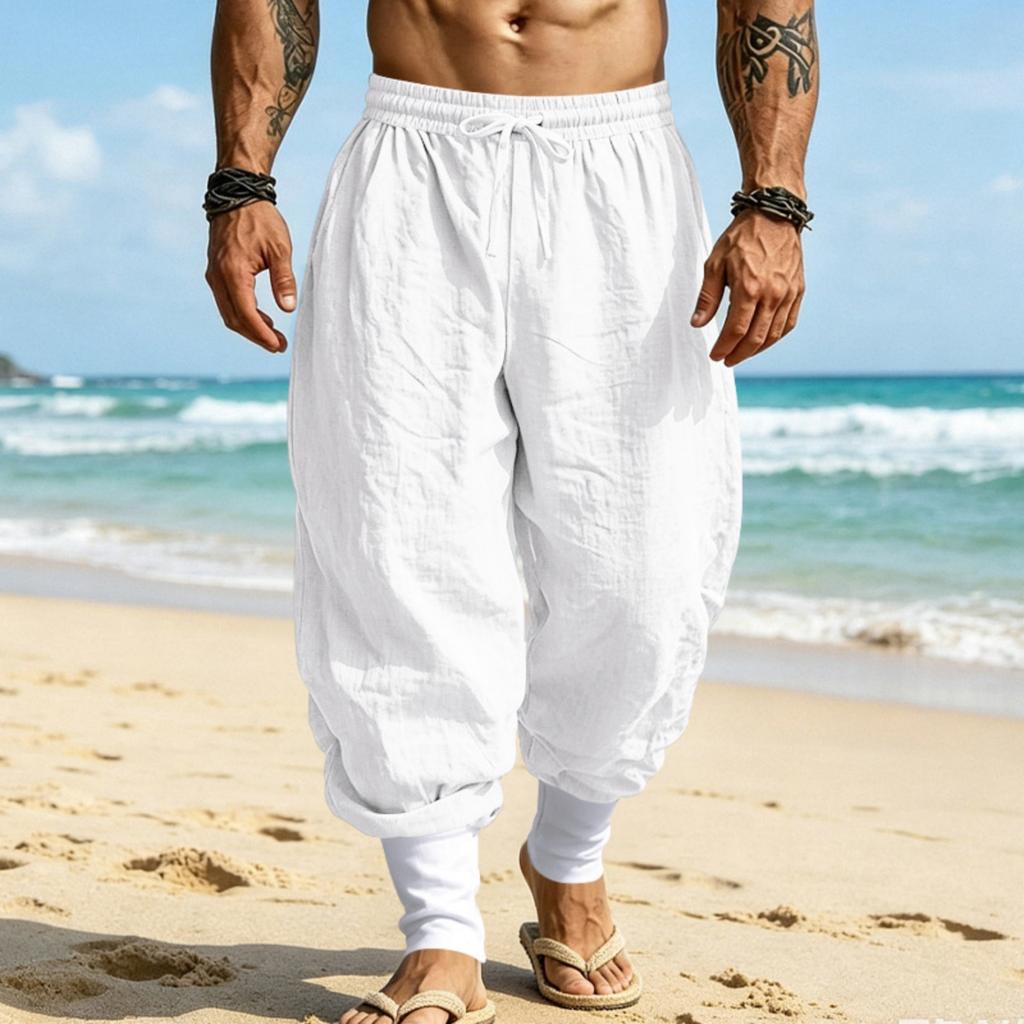 Men Linen Jogger Pants Loose Fit Drawstring Waist Breathable Tapered Leg Cuffed Hem Casual Beach Holiday Trousers