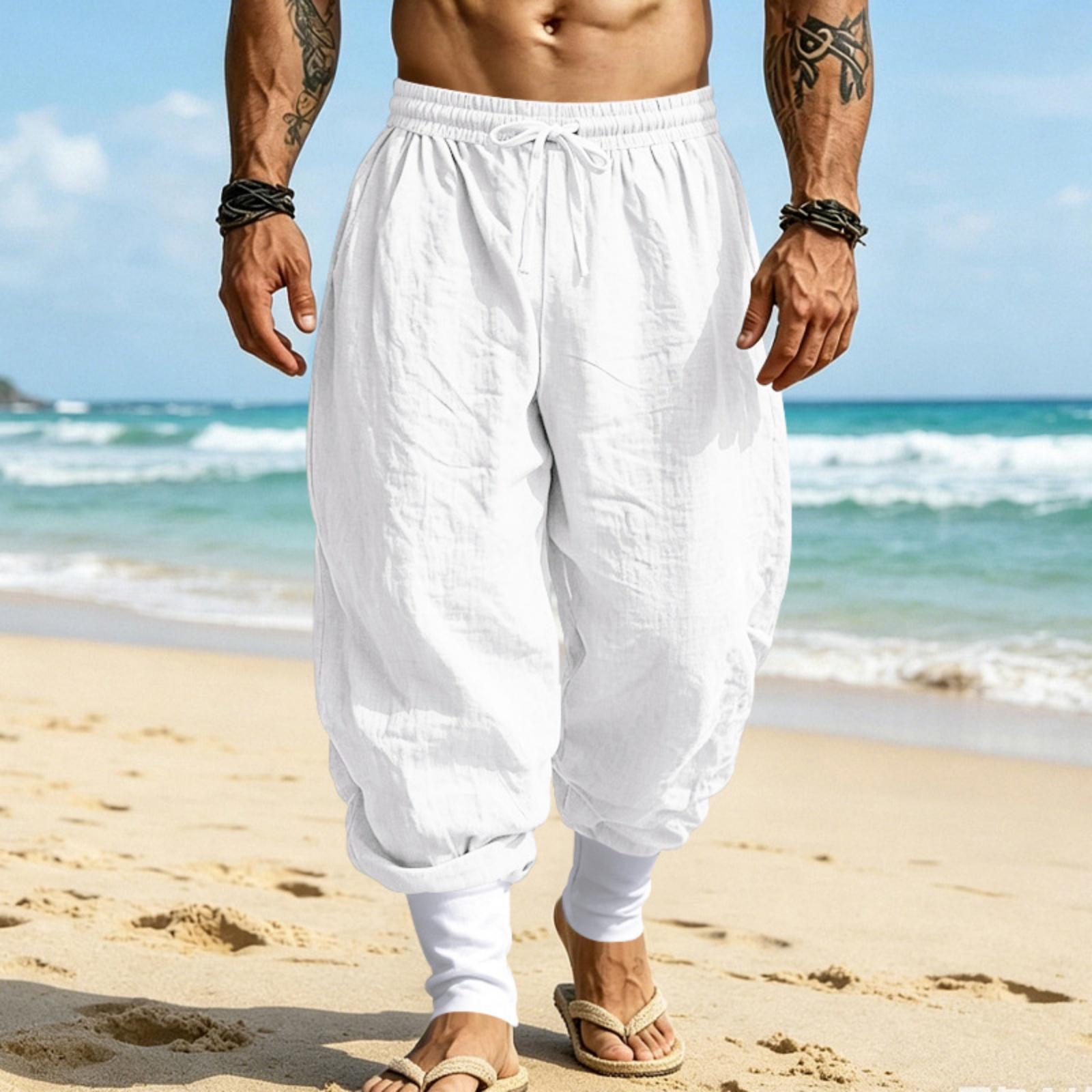 Herren Leinen Jogginghose Lockerer Schnitt Kordelzug Taille Atmungsaktiv Verjüngtes Bein Bündchen Saum Lässige Strandurlaub Hose S weiß