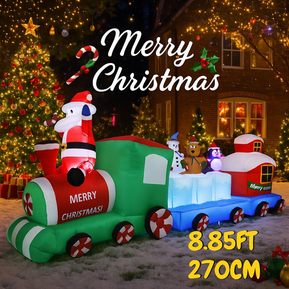 8.85FT Inflatable Christmas Toy Train Decoration Santa Claus Friends Xmas Yard Christmas LED Supplies Home Ornament Festive Gift