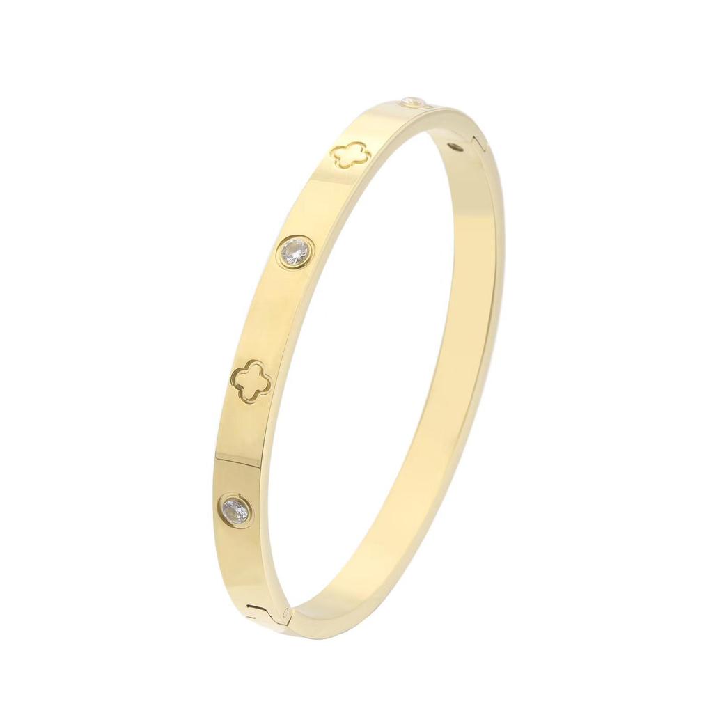 Four-Leaf Clover Women's Stainless Steel Bangle with Diamonds - Non-Fading Gold Titanium Steel Bracelet