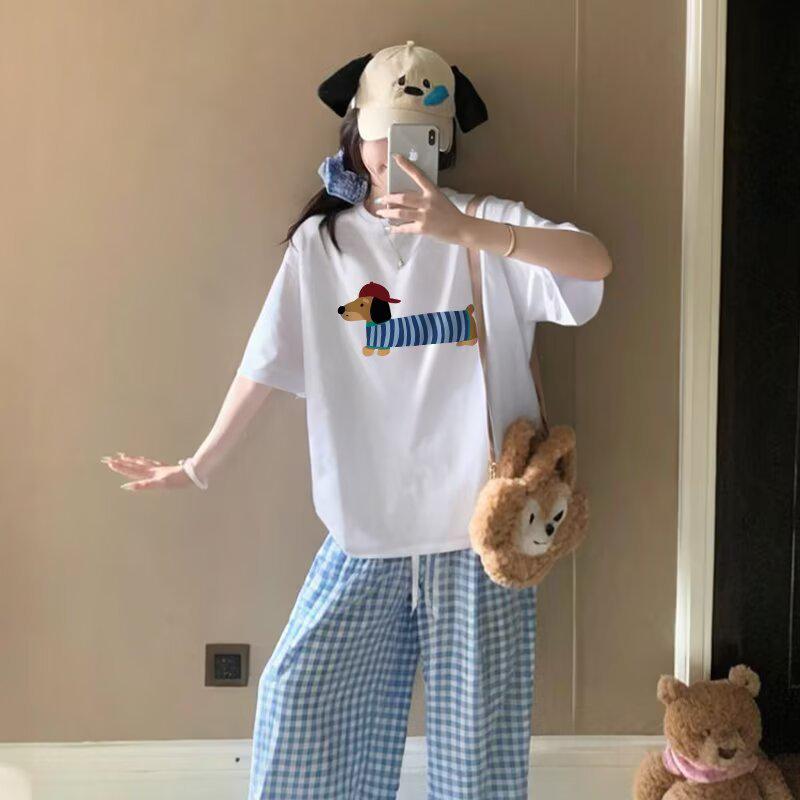 Women's Summer Retro Dachshund Print Loose Comfortable Five-Sleeve T-Shirt