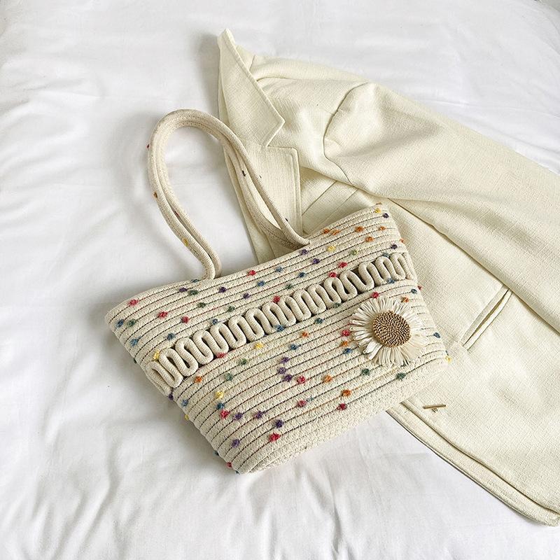 

Модная летняя новая плетеная сумка-тоут с маленьким цветком, большая вместимость, для поездок на работу и путешествий, простая портативная сумка через плечо