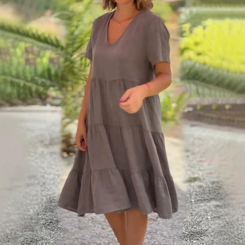 Summer Girl Dress With Vneck And Pleated Cotton Linen Fabric For Casual Wear