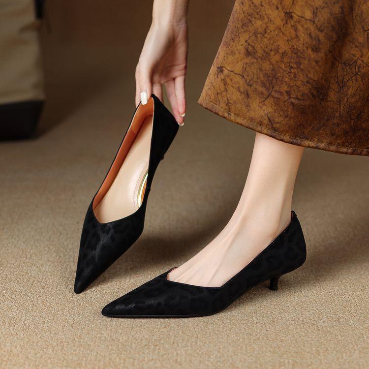 Commuter series~ 2025 spring leather work shoes daily stiletto black low-top solid color pointed high heels