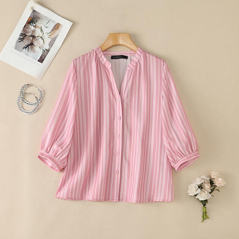 ZANZEA Women Commute Casual V-Neck Stripe Print Loose 3/4 Sleeve Blouse
