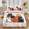 3pcs Cartoon Cute Cat Printed Coreless Down Duvet Cover Set, Multi Size Bedroom Bedding Decoration, Machine Washable