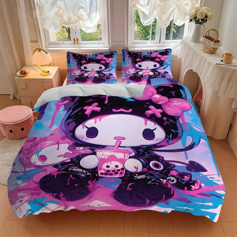3pcs Graffiti Kuromi Bedding Set - Includes 1 Quilt Cover and 2 Pillowcases, Comfortable Bedding with Stylish Design for Bedroom, Machine Wa