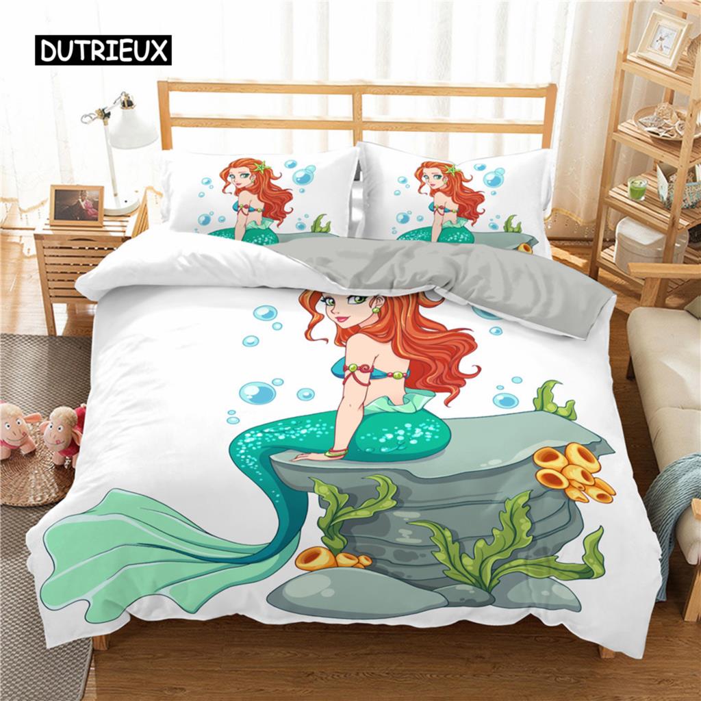 Beddengoed Set Ledikant Dekbedovertrek voor Baby Kinderen Blauw Cartoon Zeemeermin Edredones Niños Meisjes Prinses Polyester Dekbedovertrek
