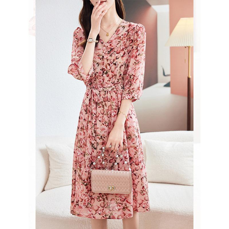 Silk dress women's  printing V-neck lace-up light luxury mulberry silk A-shaped skirt