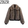 Zbzr Autumn New Women Clothes Western Style Lapel Zipper Ornament Contrast Color Suede Shearling Jacket Outerwear Loose Top