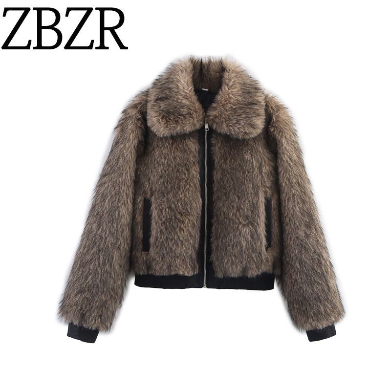 Zbzr Autumn New Women Clothes Western Style Lapel Zipper Ornament Contrast Color Suede Shearling Jacket Outerwear Loose Top