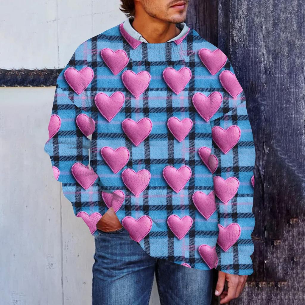 Men's Valentine's Day Print Faux Sweater, Crewneck Sweatshirt, Loose Long-sleeved Top