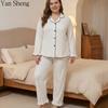 Women Pajama Set, White Plus Size Lapel Long Sleeve Contrast Trim Loose Wide Leg Loungewear Two Piece Outfit For Spring Autumn