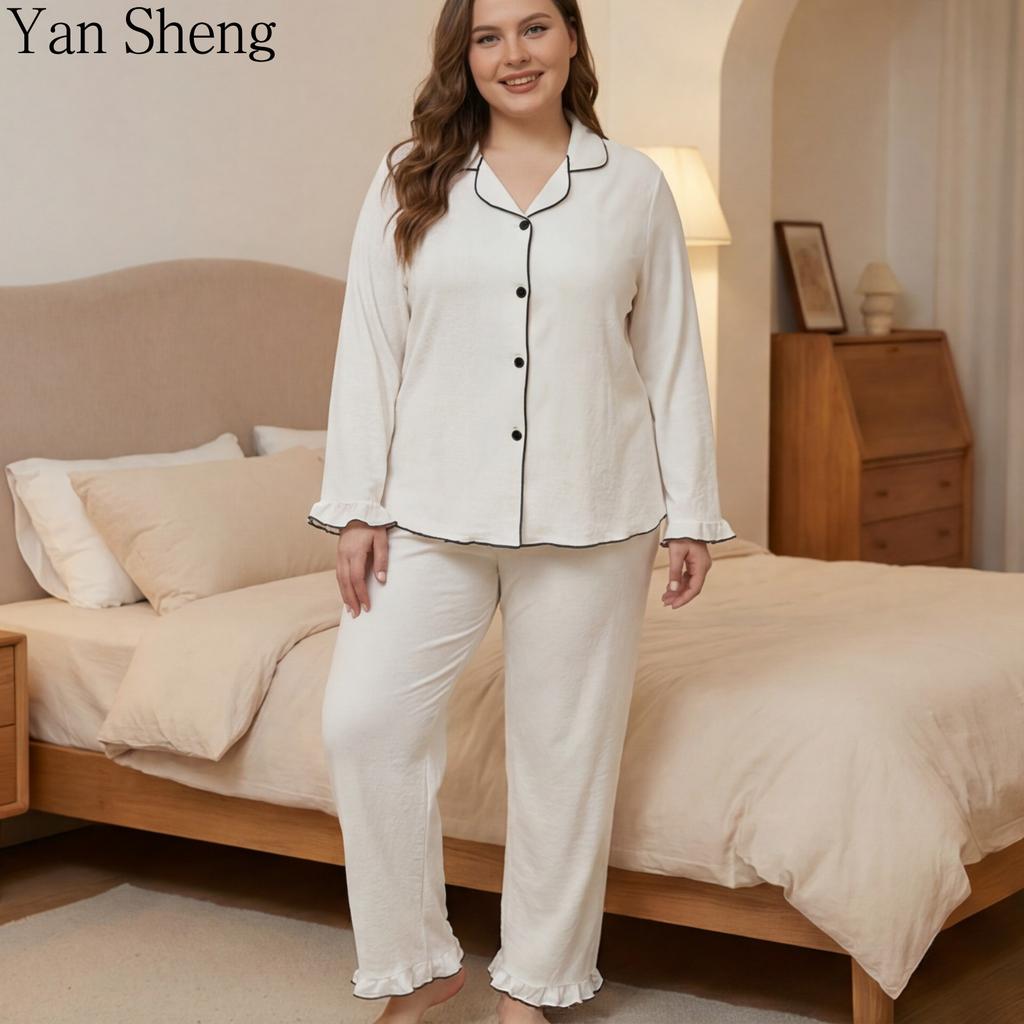 Women Pajama Set, White Plus Size Lapel Long Sleeve Contrast Trim Loose Wide Leg Loungewear Two Piece Outfit For Spring Autumn