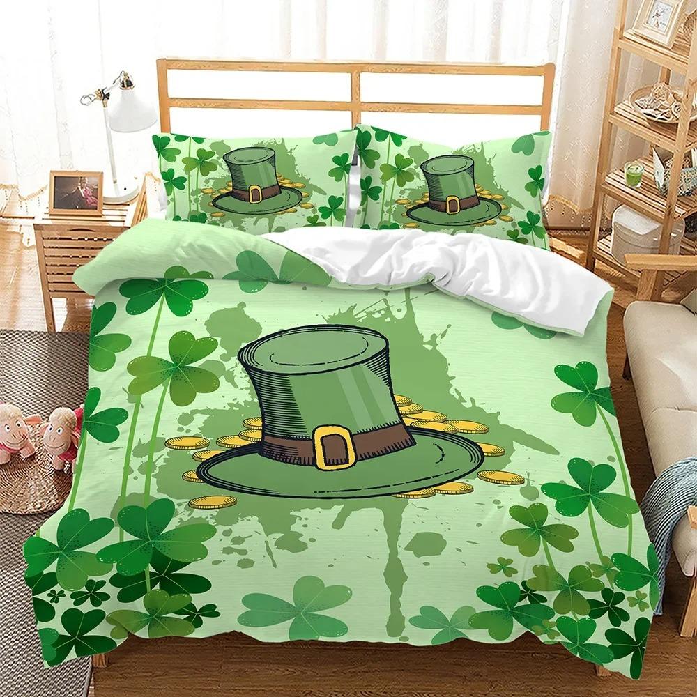Lucky Green Leaves Duvet Cover King Queen Size Four Leaf Shamrock Clover Irish Culture Bedding Set Soft Polyester