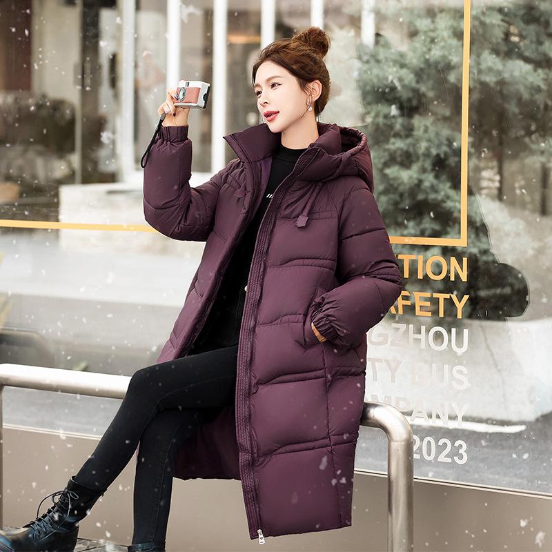 Commuter hooded, thick, warm women's long, knee-length, loose and slim down cotton jacket