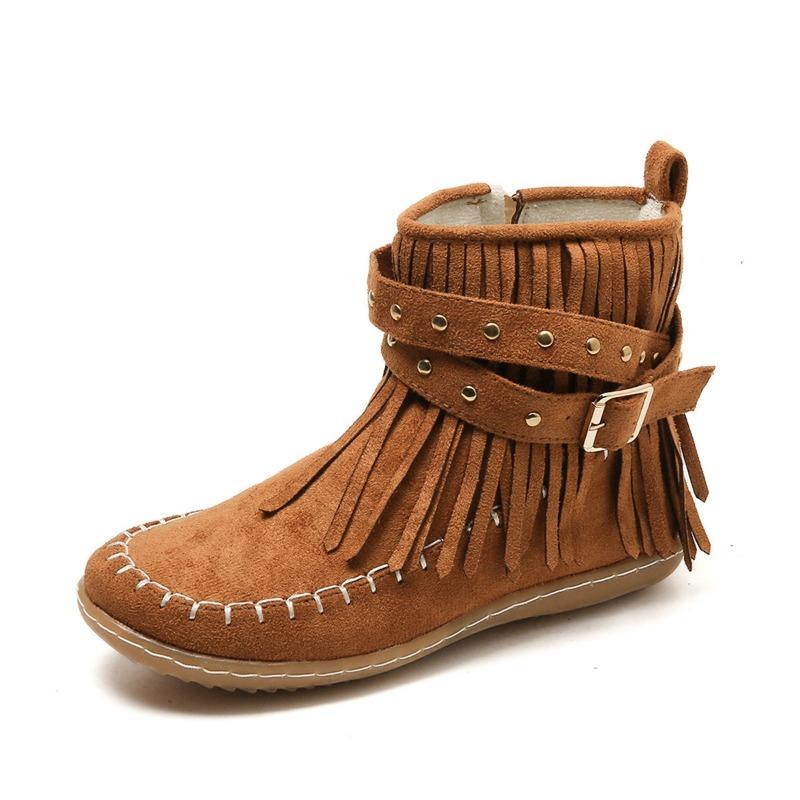 Women's boots short boots autumn and winter new large size rivet flat bottom fringed boots children
