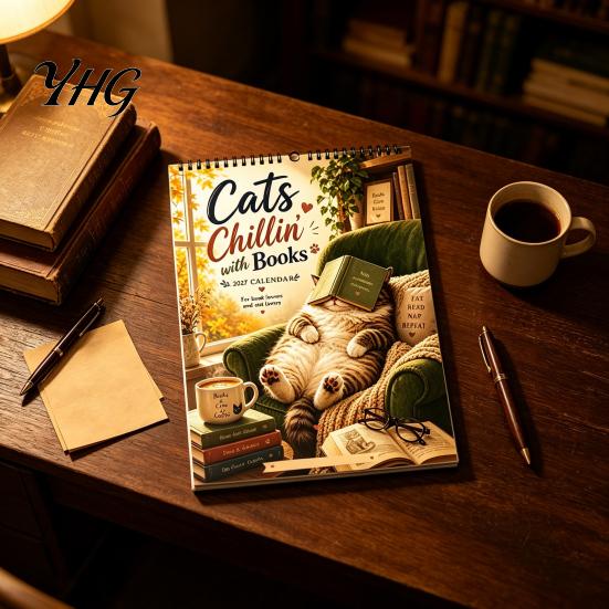 Important Date Tracker Cats Chillin' with Book 2027 Calendar, 12 Month Monthly Planner, Thick Paper Planner Daily Planning Wall Calendar for