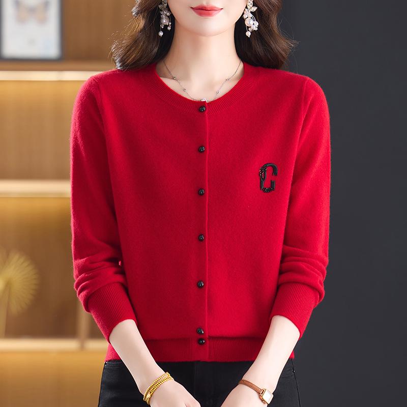 Women's Pure Wool Knitted Cardigan: Round Neck, Slimming, Autumn/Winter Loose Fit Sweater