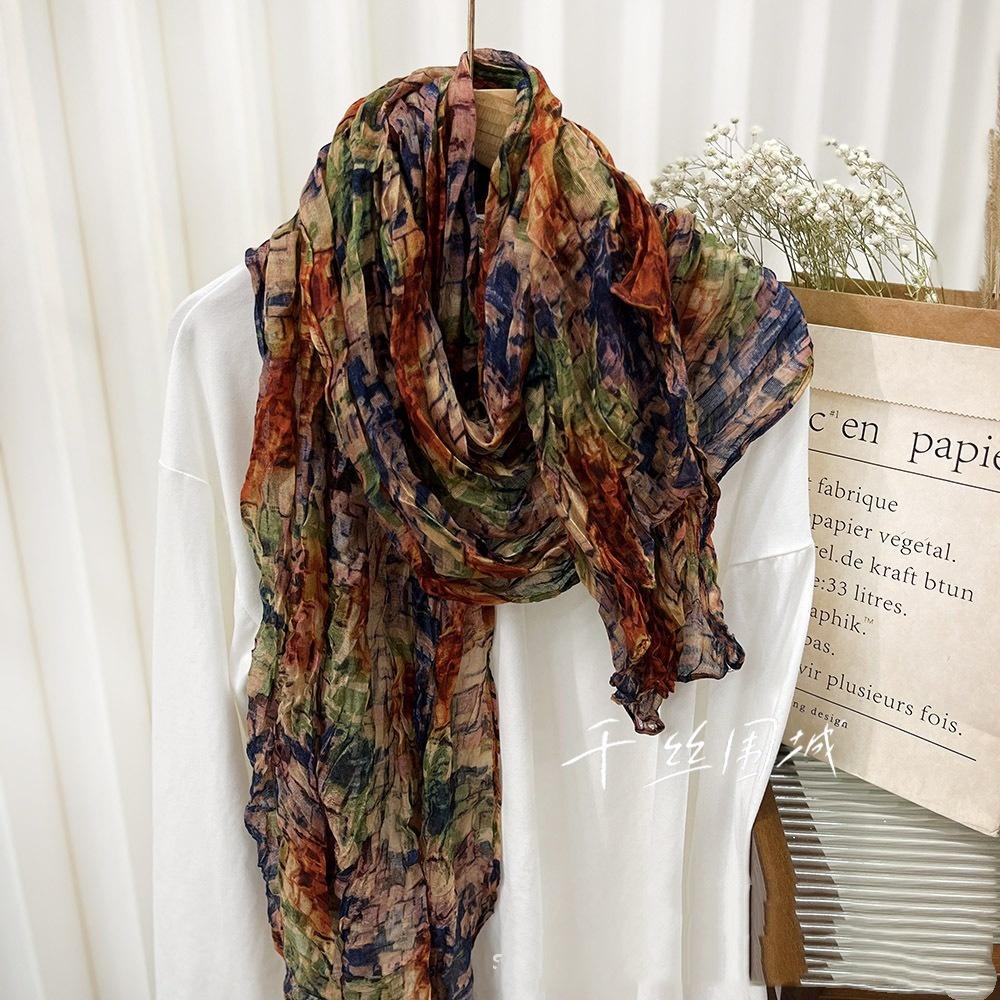 New Retro Literary Imitation Cotton And Linen Pleated Thin Versatile Shawl Small Floral Scarf Yarn Japanese Fashion Trend