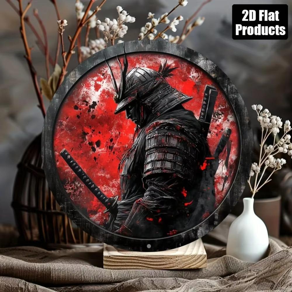 Samurai Wall Art Round Metal Sign Japanese Decor Aluminum Print