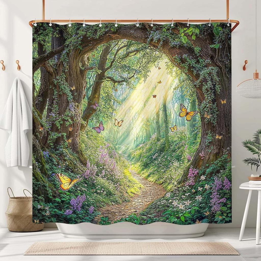 Whimsical Forest Shower Curtain Set Magical Butterfly Woods Waterproof Bathroom Shower Curtain Lush Green Nature Print Fairyhome