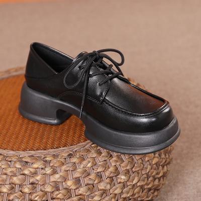 Women's Muffin Thick-soled Loafers Lace-up Height Increase College Style Breathable Small Leather Shoes Casual Single Shoes
