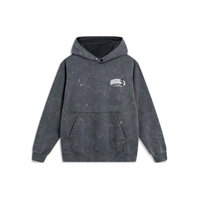 Li Ning Wade Series Letter Print Hooded Fleece Loose Pullover Long Sleeve Sweatshirt Men Sweatshirt Cold-Sand-Black AWDU015-5