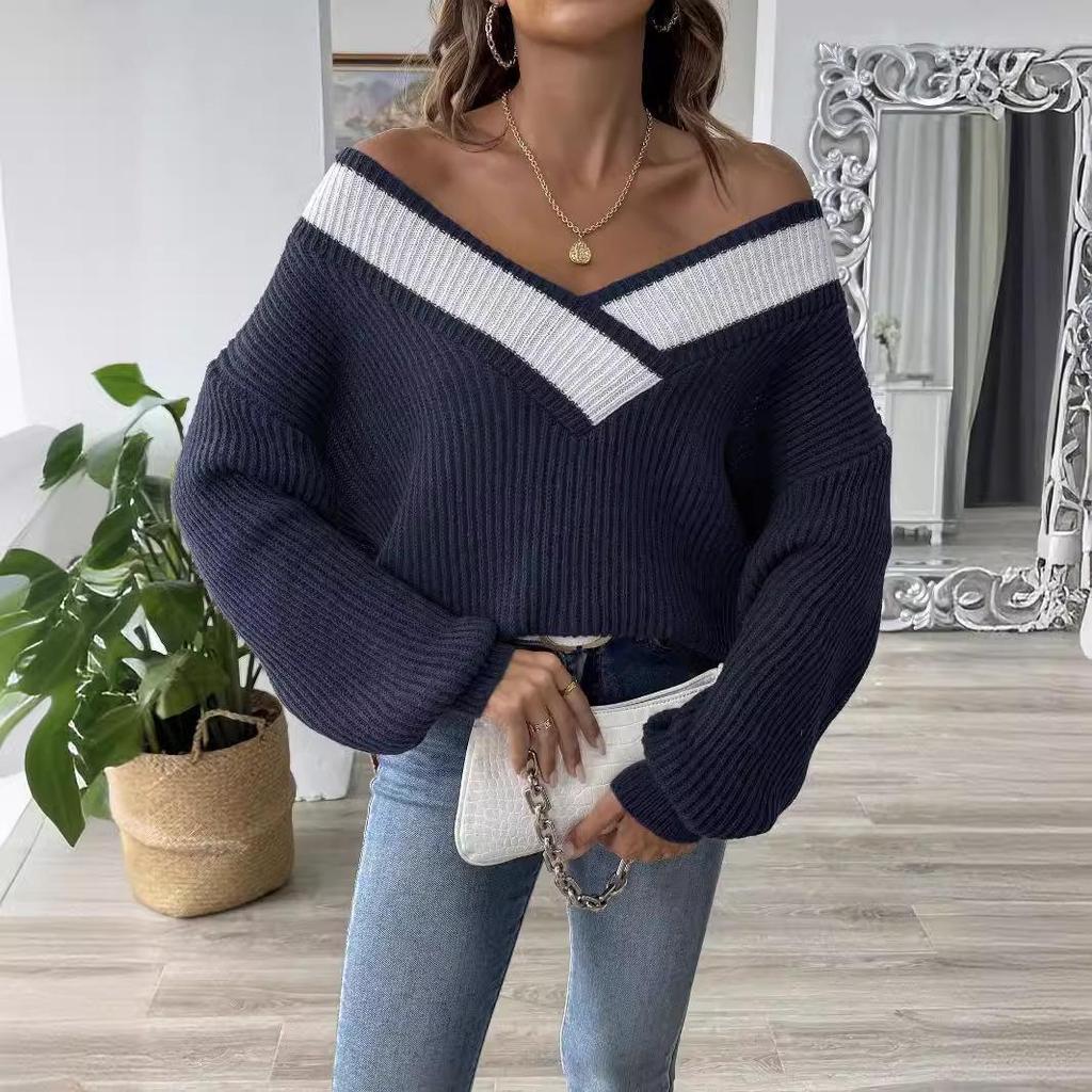 European & American Women's Color Block V-neck Loose Knit Sweater 