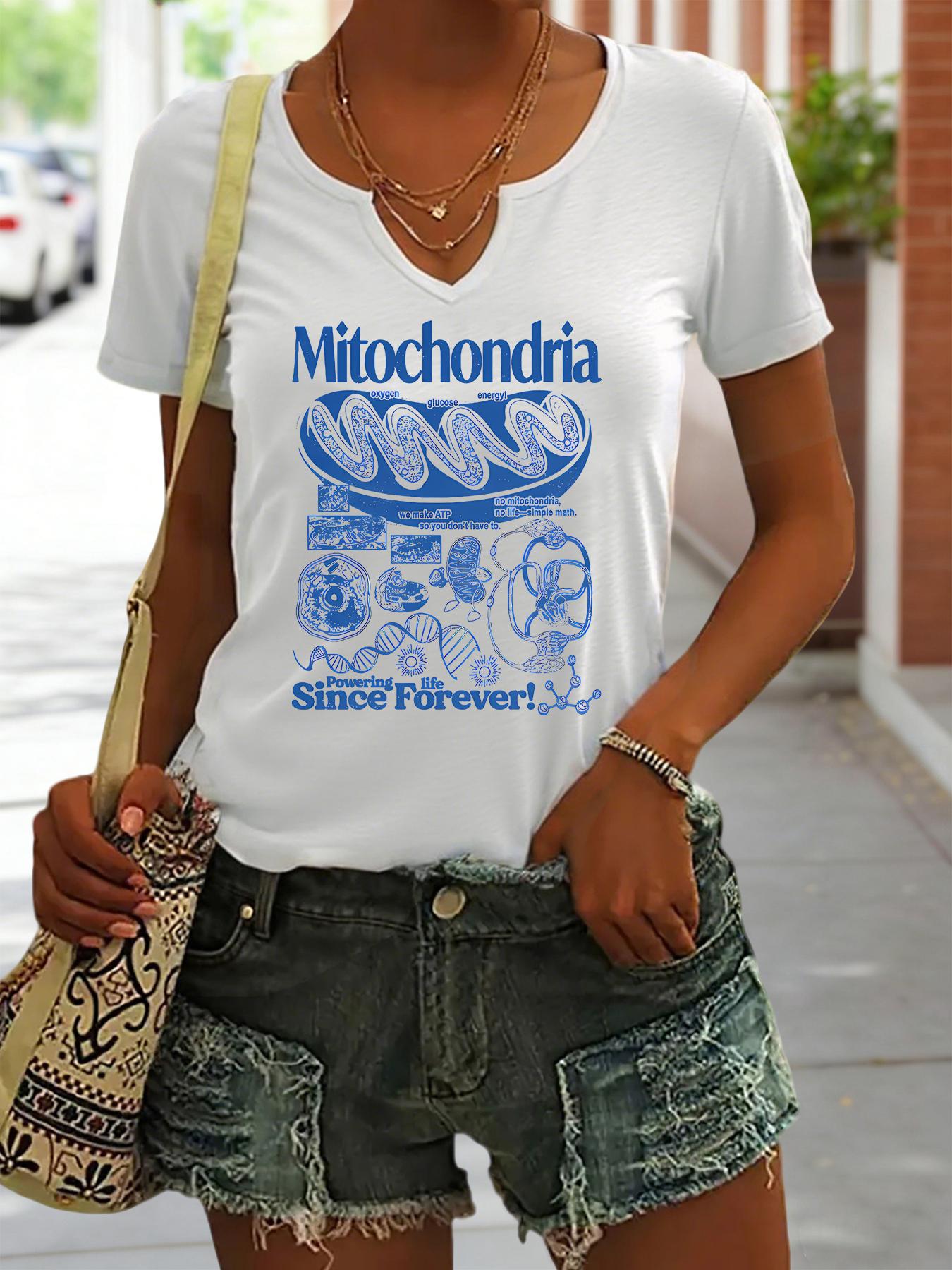 Women s Summer V-Neck Short Sleeve T-Shirt, Mitochondria Science Print, Biology Teacher Student Casual Fashion Top S