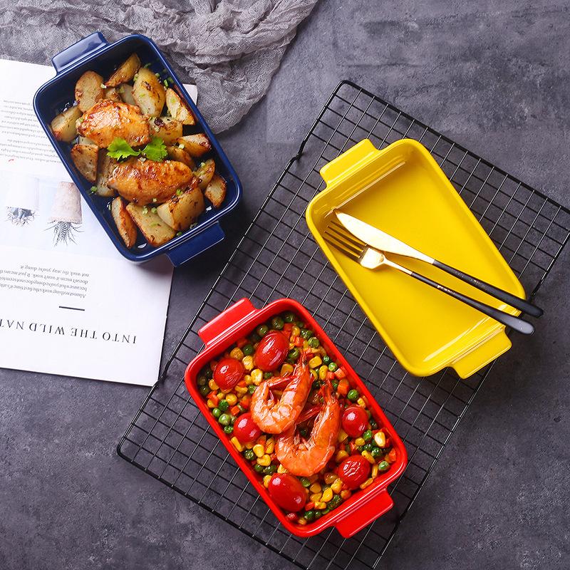Nordic Cheese Baked Rice Baking Pan Ceramic Plate Plate Plate Rectangle Oven Baking Pan Household Baked Rice Bowl Binaural Plate