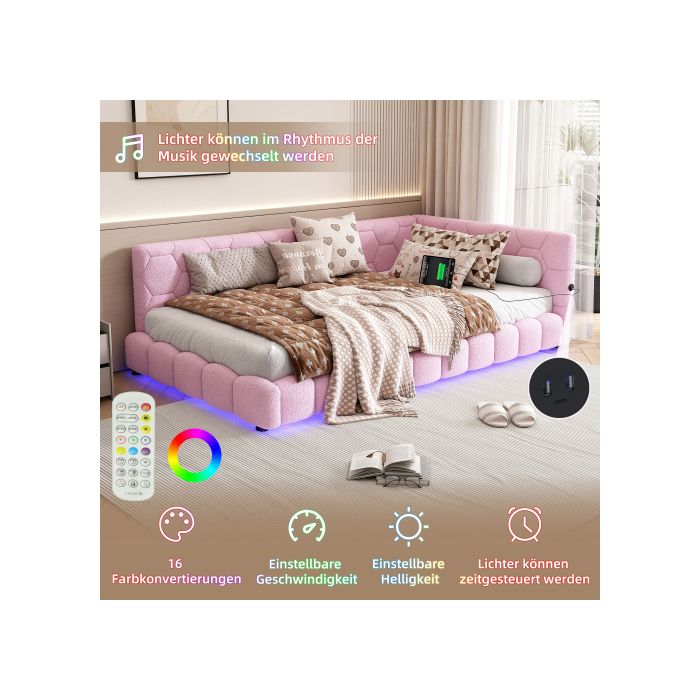 Lit de jour, 90*200 cm (sans matelas), lumière d'ambiance 16 couleurs, interface USB, simili-laine, rose