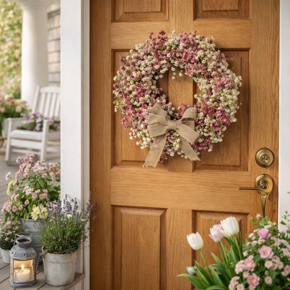 With Bow Spring Flower Wreath Lifelike Door Hanging Wreath  Living Room Wall