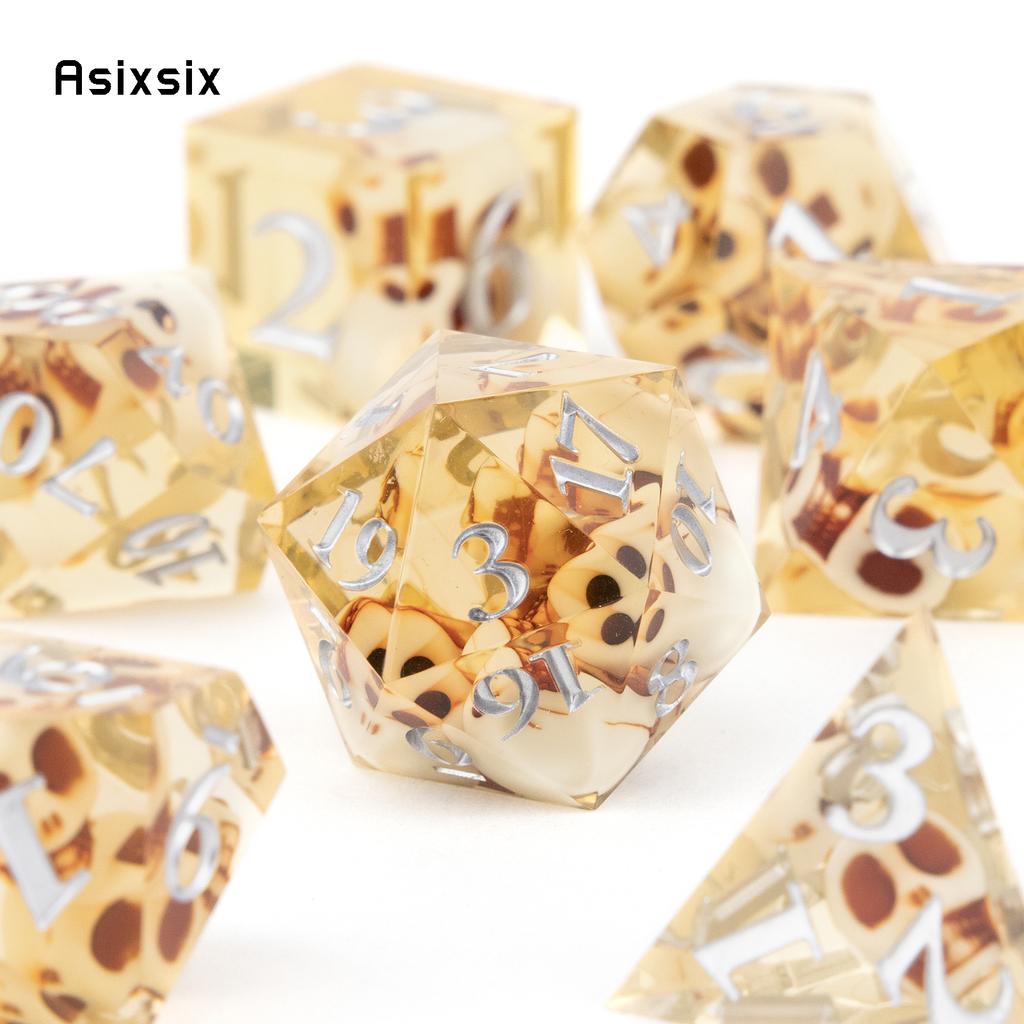 7 Pcs Yellow Skull Resin White Number Sharp Edge Dice Polyhedral Dice Suitable For Role-Playing Dice PropBoard Game Gift