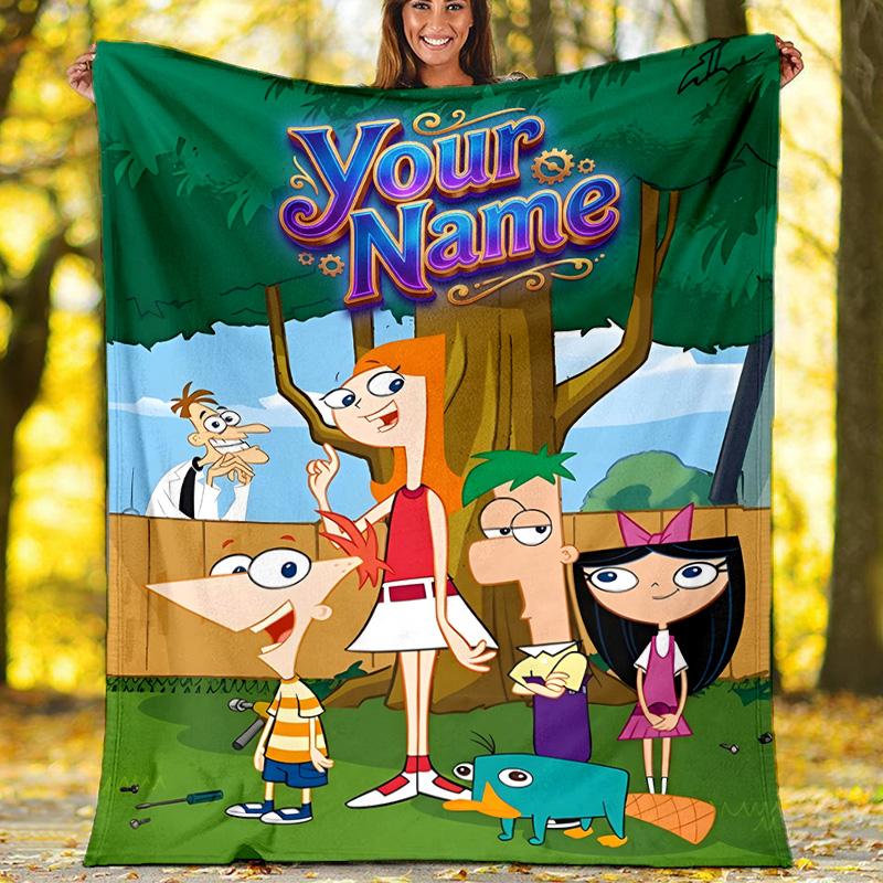 Customizable Phineas and Ferb Throw Blanket – Personalized Name, All-Season Cozy Snug Blanket, Machine Washable, Personalized Blanket