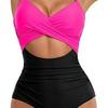 European American Color Block Spliced Cutout One-Piece Swimsuit with Adjustable Cross Tie-Up.