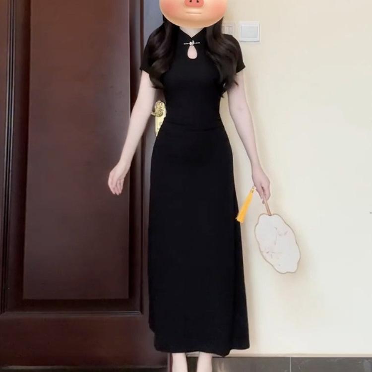 New Chinese-style improved cheongsam black hollow button dress summer women's small slim-fitting waist dress