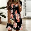 Women Oversized V Neck Short Sleeve Dress Retro Leaf Printed Flowy Dress For Countryside Trip And Everyday Wear