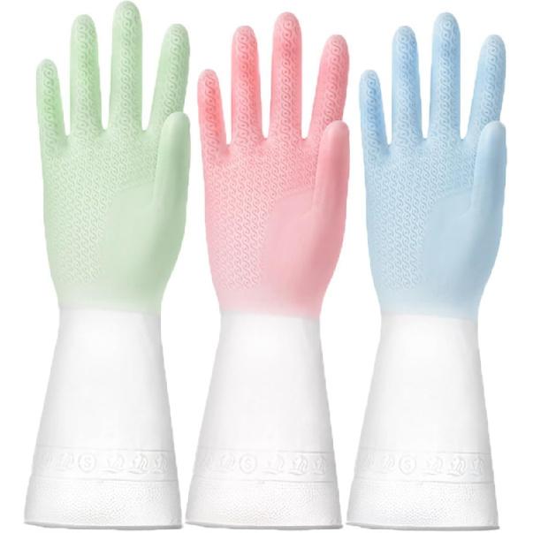 3 Pairs Rubber Cleaning Gloves, Reusable Dishwashing Gloves for Kitchen Household Washing Dishes Tool, Non-Slip