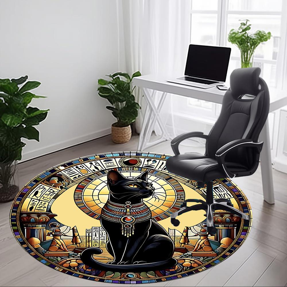 1 Stück Ägyptische Katze Büro Runder Teppich, Indoor-Matte Geeignet für Büro, Unter Bürostühlen Schlafzimmer Wohnzimmer Heimdekoration, Raumdeko
