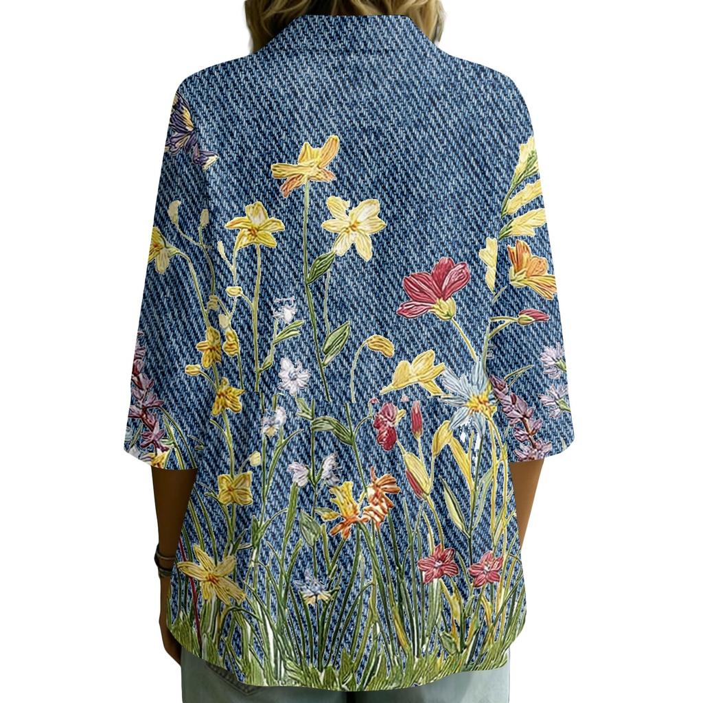 Women Button Front Shirt Vintage Floral Print Three Quarter Sleeve Loose Fit Blouse with Collar Casual Lightweight Top