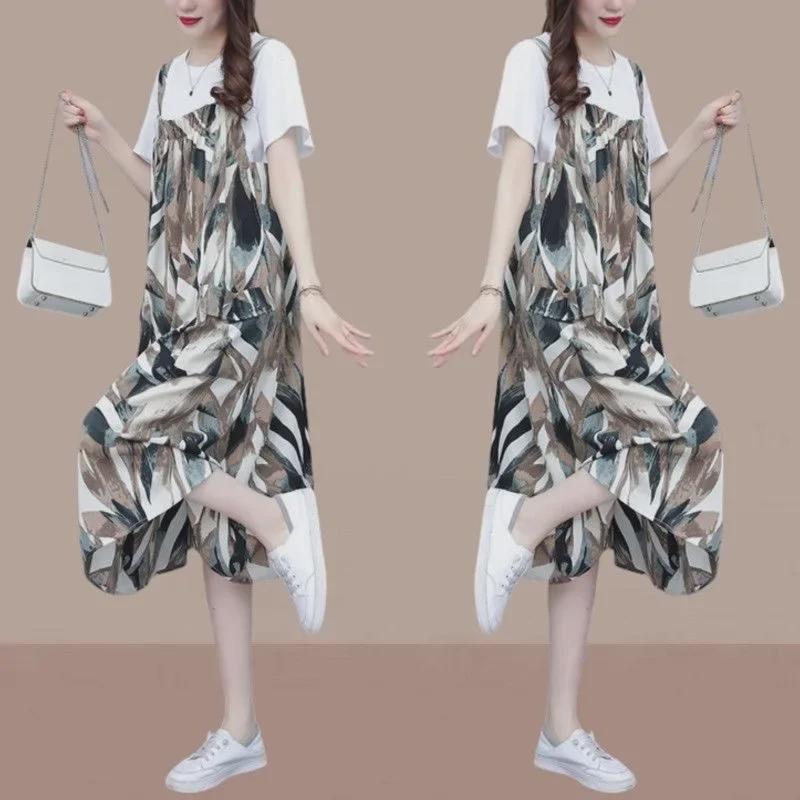 Korean Style Casual Pinafore Dress Set: Loose, Slimming, and Gentle Two-Piece with Short Sleeves
