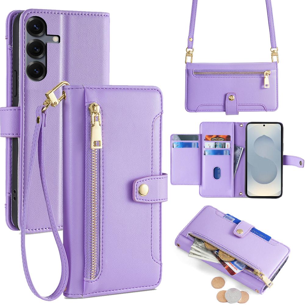 For Samsung Galaxy S25 Leather Case Zipper Pocket Wallet Phone Cover with 2 Straps
